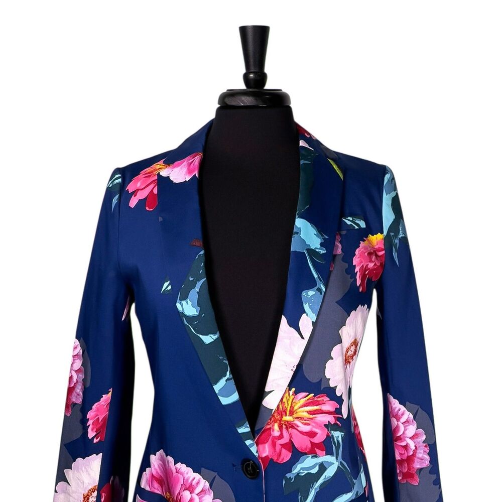 Banana Republic Womens 4P Floral Blazer Blue Pink Cotton Stretch Career Jacket - Picture 6 of 10